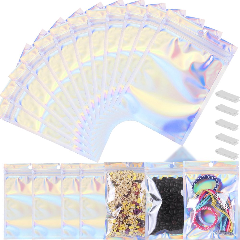 150 PCS-6x9 Reclosable Mylar Bags for Food Storage, Resealable Holographic Bags with Clear Window for Small Businesses, Smell Proof Aluminum Foil Zipper Edible Packaging Bag for Candies