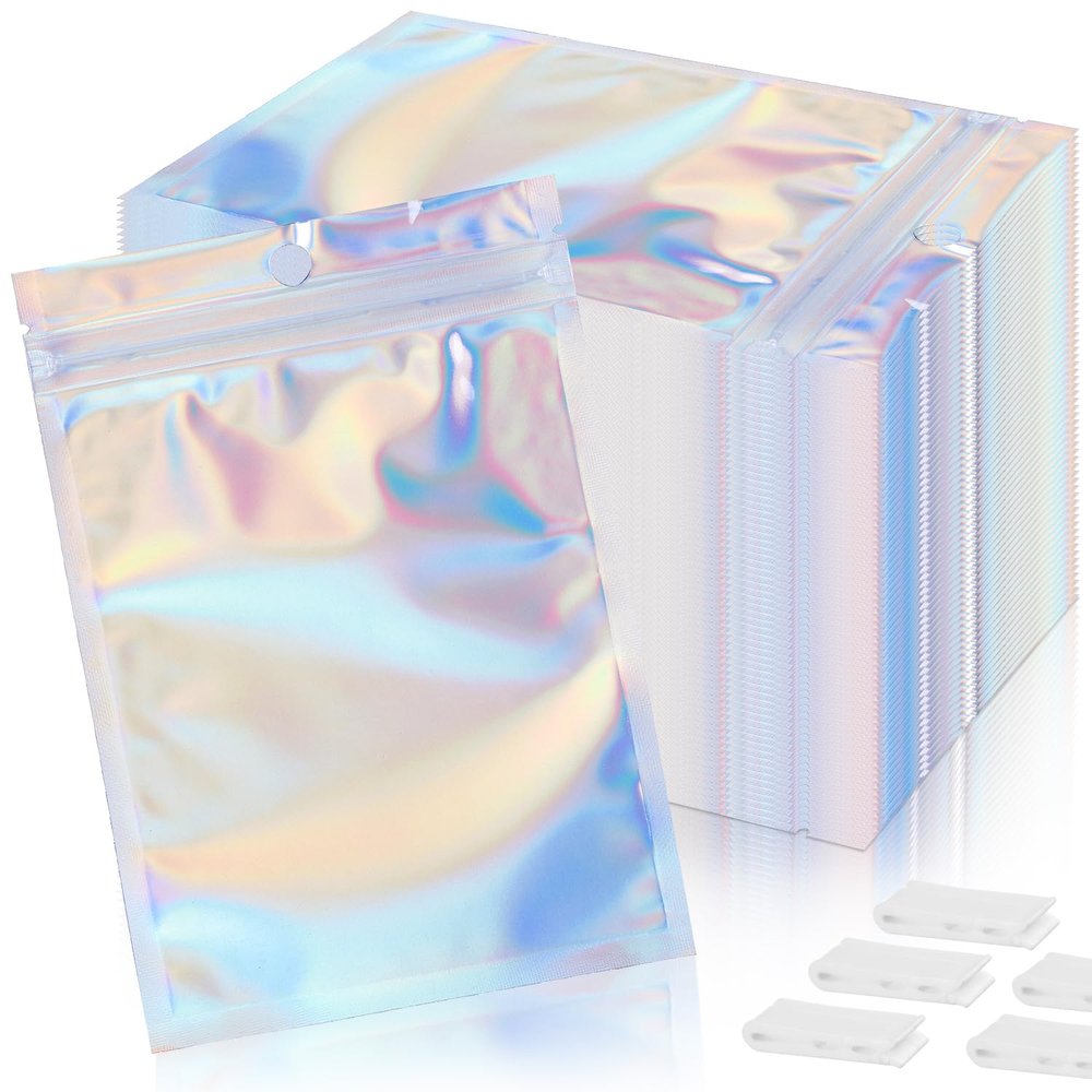 120 PCS-7x10 Reclosable Mylar Bags for Food Storage, Resealable Holographic Bags with Clear Window for Small Businesses, Smell Proof Aluminum Foil Edible Packaging Bag for Candies