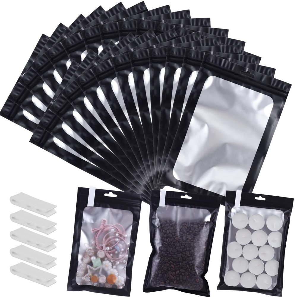 150 PCS-6x9 Reclosable Mylar Bags Black for Food Storage, Resealable Mylar Bag with Clear Window for Small Businesses, Smell Proof Aluminum Foil Resealable Edible Packaging Bag for Candies