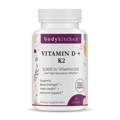 Body Kitchen Vegan Plant-Based Vitamin D3 + K2 (MK7) Supplement, Bone and Heart Health, Non-GMO, 5000 IU Vitamin D & 180 mcg Vitamin K2 MK-7, Easy to Swallow Veggie Caps, 60 Count