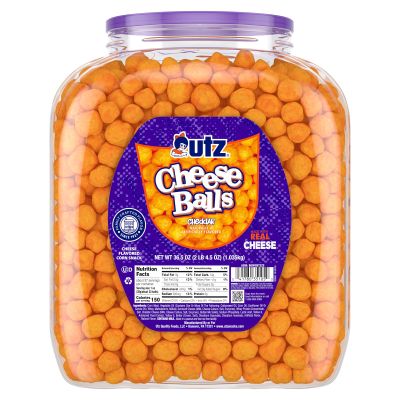 Utz Cheese Balls Barrel, Tasty Snack Baked with Real Cheddar Cheese, Delightfully Poppable Party Snack, Gluten, Cholesterol and Trans-Fat Free, Kosher Certified, 36.5 Oz
