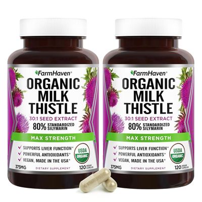 FarmHaven Silymarin Milk Thistle Capsules | 375mg Strength | 30X Concentrated Seed Extract & 80% Standardized Silymarin| Non-GMO | 120 Veggie Capsules, Pack 2