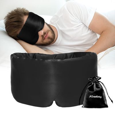 ATreebag Silk Sleep Mask for Women Men, Mulberry Silk Eye Sleeping Mask & Blindfold with Adjustable Strap, Blackout Eye Cover for Sleep Travel Yoga Nap, Large Size, Black