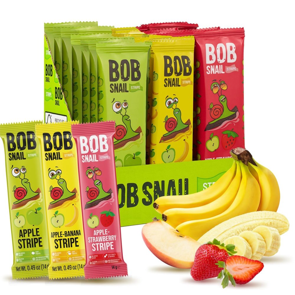 BOB SNAIL Healthy Fruit Snacks for Kids and Adults  30 Fruit Leather Snacks with Apple, Banana, Strawberry  Vegan Low-Carb Variety Pack Strips for Kids  Sugar Free Jerky Bars