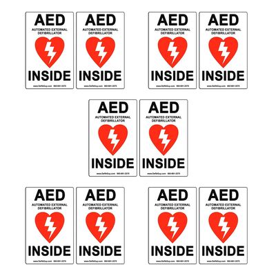 10-Pack 4" Width x 6" Height, Vinyl, Red and Black on White Weatherproof AED Label,"AED Automated External Defibrillator Inside" by Defib Guy