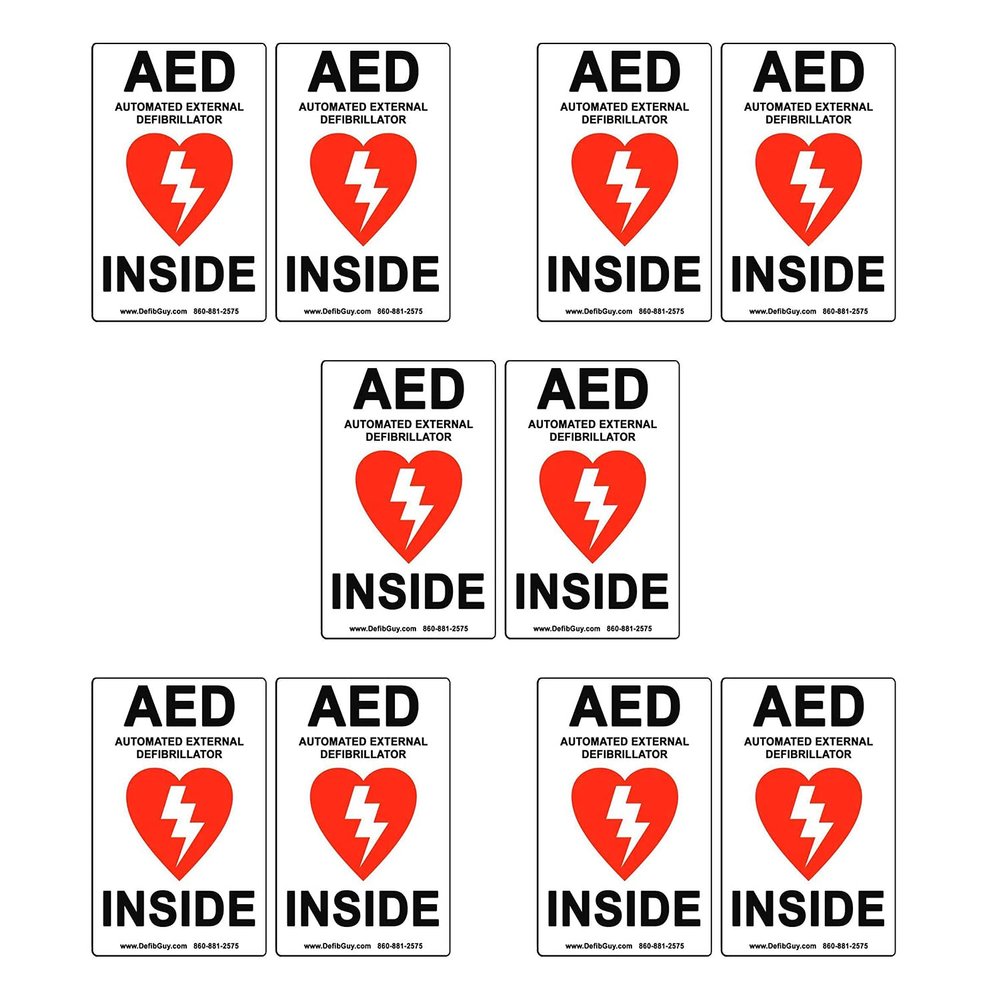 10-Pack 4" Width x 6" Height, Vinyl, Red and Black on White Weatherproof AED Label,"AED Automated External Defibrillator Inside" by Defib Guy