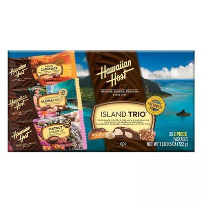 Hawaiian Host Island Trio  Maui Caramacs, AlohaMacs Milk, and MacNut Crunch  Chocolate Covered Macadamia Nut Gift Box  Premium Hawaiian Treats (30 Individually Wrapped Pieces)