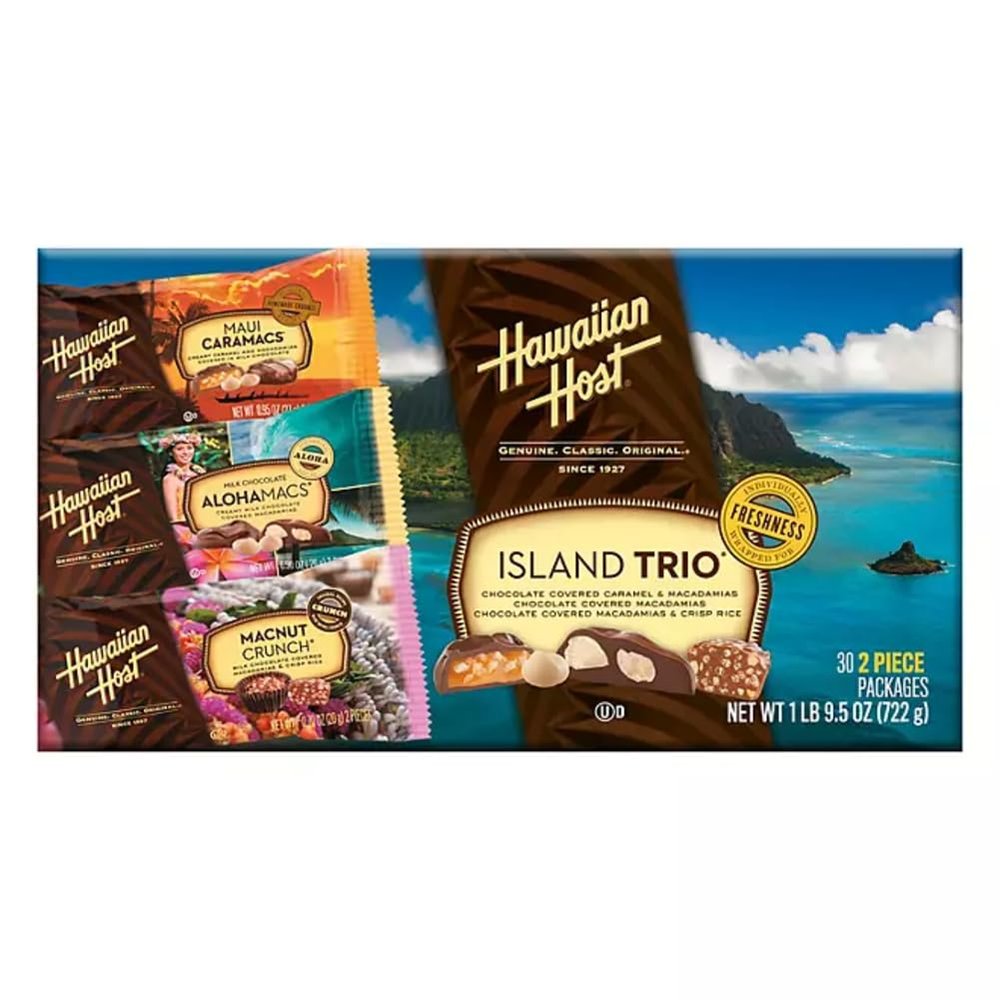 Hawaiian Host Island Trio  Maui Caramacs, AlohaMacs Milk, and MacNut Crunch  Chocolate Covered Macadamia Nut Gift Box  Premium Hawaiian Treats (30 Individually Wrapped Pieces)