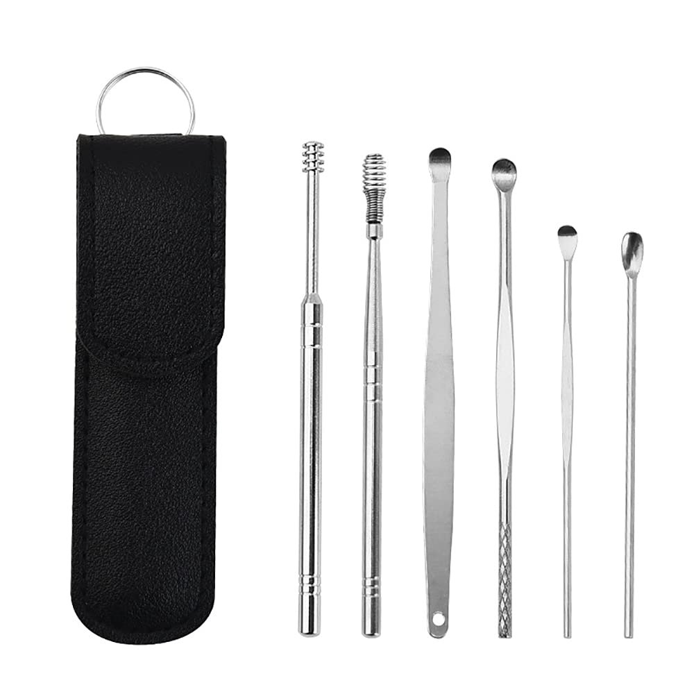 LBXB Innovative Spring Ear Wax Cleaner Tool 6 Pcs/Set,Earwax Removal Kit,Ear Curette Ear Remover Tool,Ear Care Products,Unisex Stainless Steel Ear Curette Cleansing (Black)