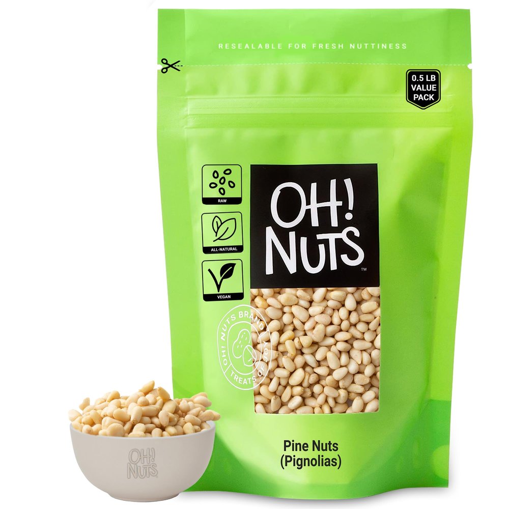 Oh! Nuts Pine Nuts (Pignolias) - 8oz Bag of Bulk Fresh Raw Pine Nuts for Baking, Snacking, Salads & Pesto - Keto-Friendly, Vegan, Sugar-Free & Kosher Healthy Nuts - Pignoli Packed with Protein