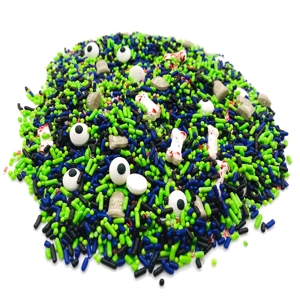 Zombie Grave - 8 Oz Resealable Bag - Halloween Themed Sprinkles - Featuring Grave Stones, Candy Eyes, Bloody Bones, Silver Balls, Jimmies, Crystals, and Nonpareils - Spooky Dessert Decorations