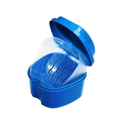 WUMUGE Denture Bath Box Cup, Denture Case with Denture Cleaner Brush Basket Denture Holder for Travel, Retainer Cleaning (Blue)