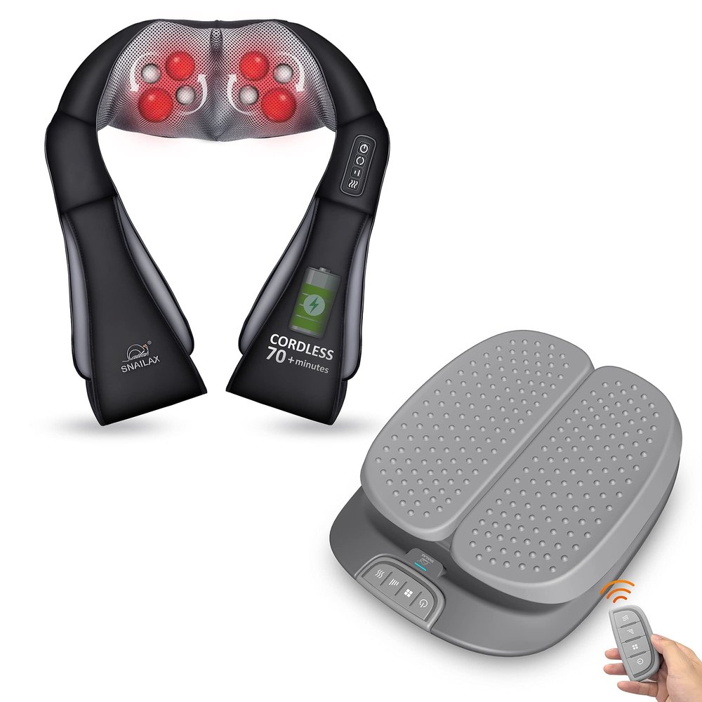 Snailax Cordless Neck Back Massager Vibration Foot Massager with Heat Bundle| Shiatsu Neck and Shoulder Massager with Heat Electric Foot Massager Machine for Circulation,Plantar Fasciitis, Pain Relie