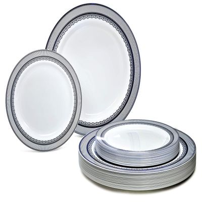 " OCCASIONS" 100 Plates Pack,(50 Guests) Heavyweight Premium Wedding Party Disposable Plastic Plates Set -50 x 10.5'' Dinner + 50 x 7.5'' Salad/Dessert (Louvre in Metallic Blue)