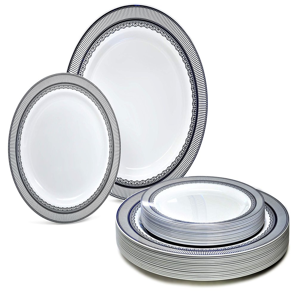 " OCCASIONS" 100 Plates Pack,(50 Guests) Heavyweight Premium Wedding Party Disposable Plastic Plates Set -50 x 10.5'' Dinner + 50 x 7.5'' Salad/Dessert (Louvre in Metallic Blue)