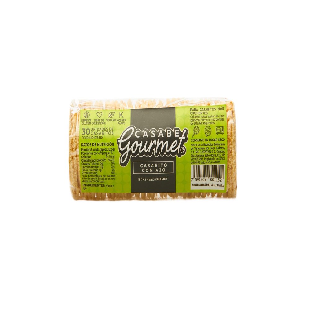 Casabe Gourmet Casabito Box of 12 packs of Casabe Cracker with Garlic Flavor of 30 units each pack (70 gr). 100% Yuca Root, Vegan, Gluten-Free and Cholesterol Free, made in Venezuela (840 gr TOTAL).