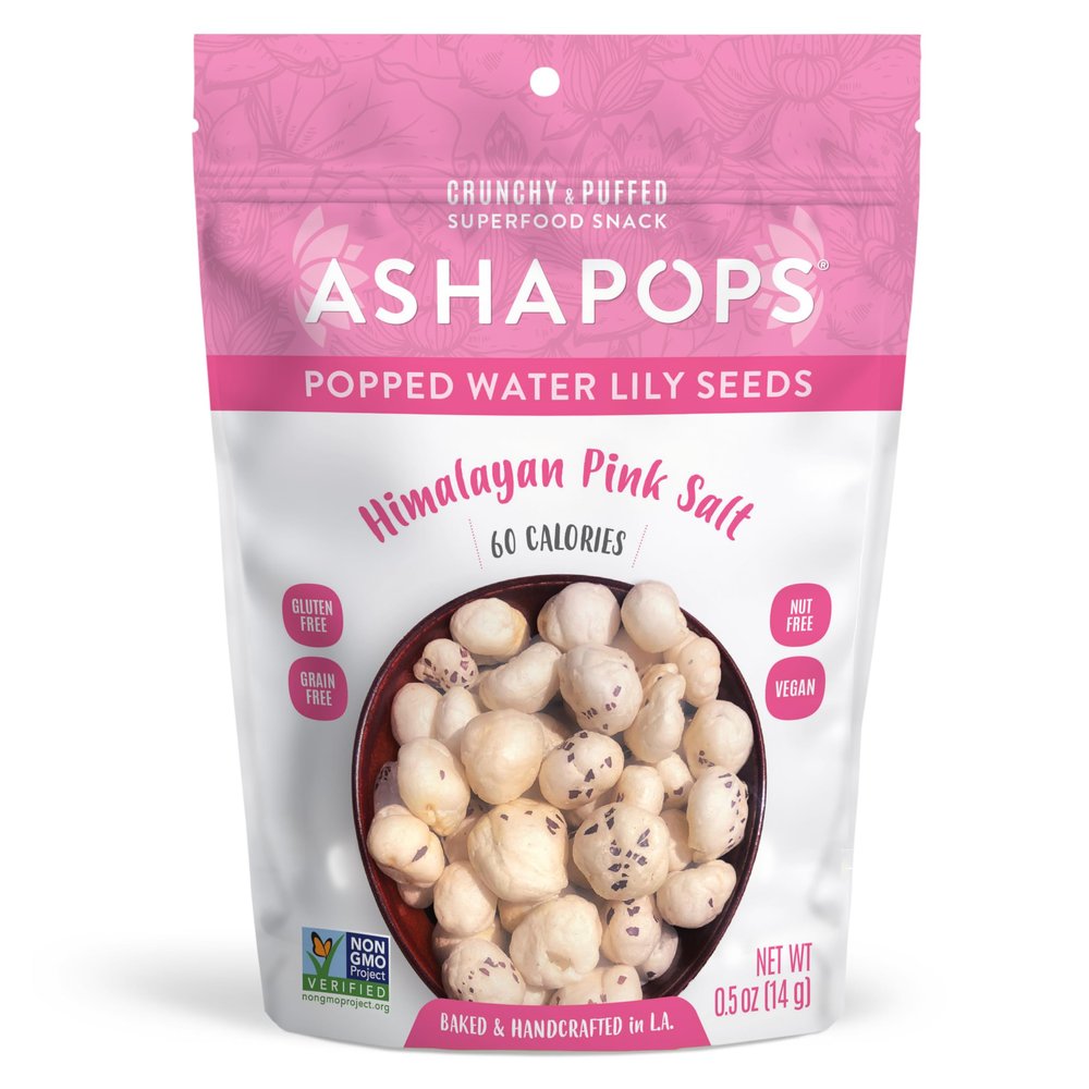 AshaPops Himalayan Pink Salt Flavored Popped Water Lily Seeds, 0.5 oz (Pack of 1) - Gluten-Free, Vegan, Paleo, Nut-Free, Corn-Free, Soy-Free, Non-GMO, Delicious Plant-Based Crunchy Snack