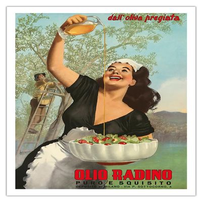 Olio Radino Italian Olive Oil - Puro e Squisito (Pure and Delicious) - Vintage Advertising Poster by Gino Boccasile c.1948 - Fine Art Matte Paper Print (Unframed) 24x32in