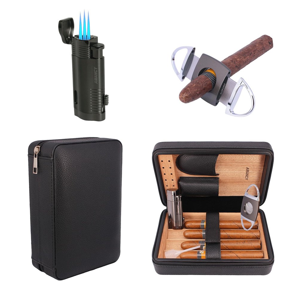 AMANCY Elegant Handmade Black Leather Cedar Wood Lined 4 Cigar Humidor Case with 3 Triple Jet Flame Cigar Lighter and CutterSuitable for Holding Large and Long Cigars