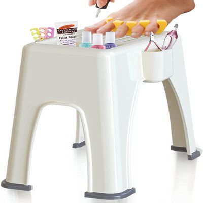 Skywin Extra Tall Shower Foot Rest with 3 Pockets to Hold Shaving Essentials 10 x 7.8 x 13 Inches - Extra Heighted Plastic Pedicure Foot Rest - Shower Stool for Shaving Legs (Beige)