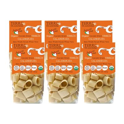 6 PACKS ORGANIC ITALIAN SEMI WHOLE DURUM WHEAT CALAMARATA PASTA  Sicilian Ancient Grain Timilia Vegan Pasta Crafted in Italy. LOW-GLUTEN INDEX. Has 6X More Fiber and Protein than Popular Grains. Al dente texture. Farm Fresh Pasta from Sicily, Italy