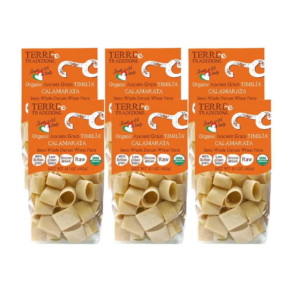 6 PACKS ORGANIC ITALIAN SEMI WHOLE DURUM WHEAT CALAMARATA PASTA Sicilian Ancient Grain Timilia Vegan Pasta Crafted in Italy. LOW-GLUTEN INDEX. Has 6X More Fiber and Protein than Popular Grains. Al dente texture. Farm Fresh Pasta from Sicily, Italy