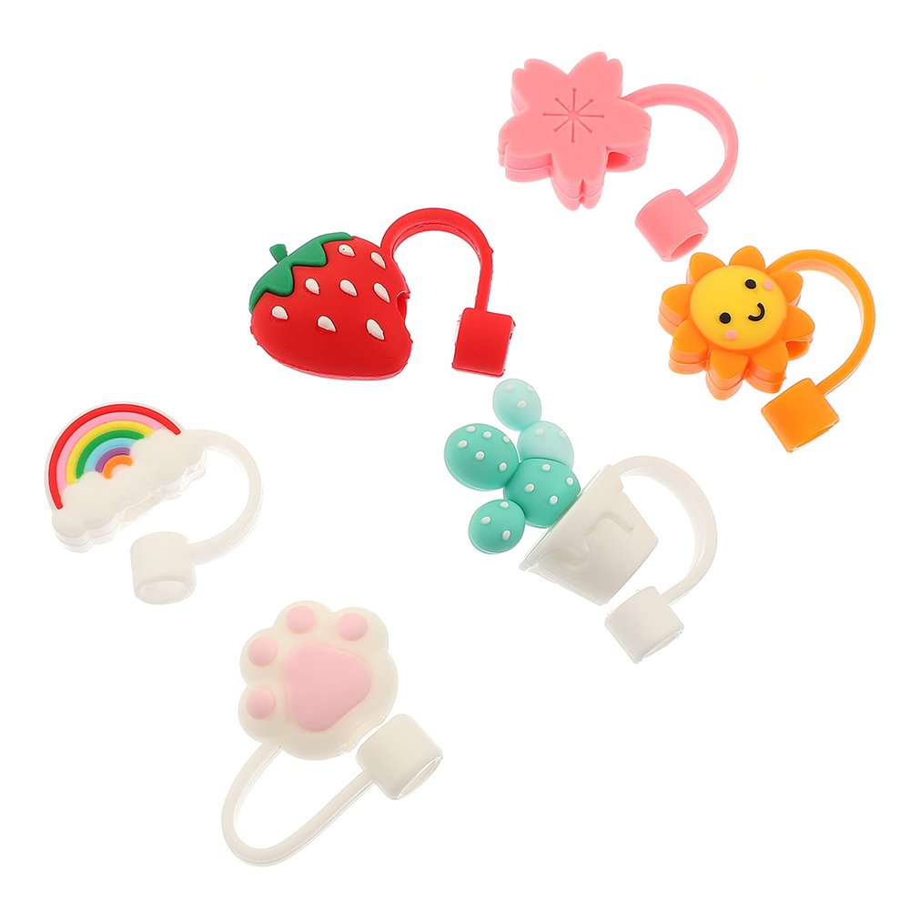6pcs Silicone Straw Tip Cover Reusable Drinking Straw Tips Lids Straw Plugs Cartoon Drinking Cap for Home Kitchen Party Accessories Assorted