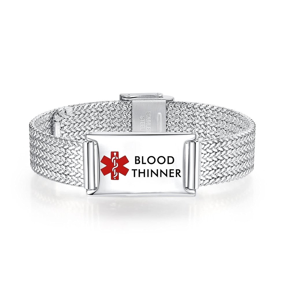 mnmoom Medical Alert Bracelets for Men & Women Adjustable Stainless Steel Mesh Medical ID Bracelets with engraved blood thinner-Silver