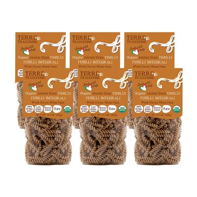 6 PACKS ORGANIC ITALIAN WHOLE DURUM WHEAT FUSILLI PASTA  Sicilian Ancient Grain Timilia Vegan Pasta Crafted in Italy. LOW-GLUTEN INDEX. Has 6X More Fiber and Protein than Popular Grains. Al dente texture. Farm Fresh Pasta from Sicily, Italy