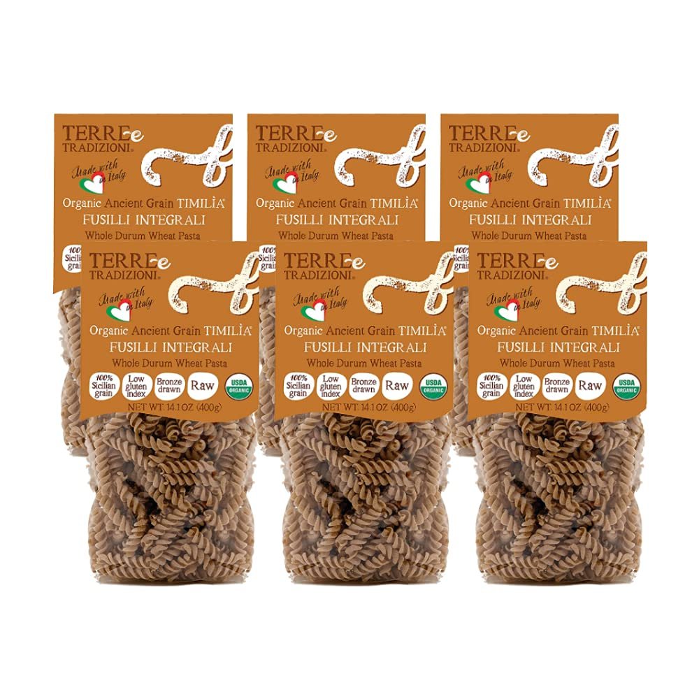 6 PACKS ORGANIC ITALIAN WHOLE DURUM WHEAT FUSILLI PASTA  Sicilian Ancient Grain Timilia Vegan Pasta Crafted in Italy. LOW-GLUTEN INDEX. Has 6X More Fiber and Protein than Popular Grains. Al dente texture. Farm Fresh Pasta from Sicily, Italy