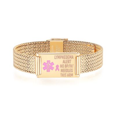 mnmoom Medical Alert Bracelets for Women Adjustable Stainless Steel Mesh lymphedema alert Bracelets with engraved NO BP/IV/NEEDLES THIS ARM-gold