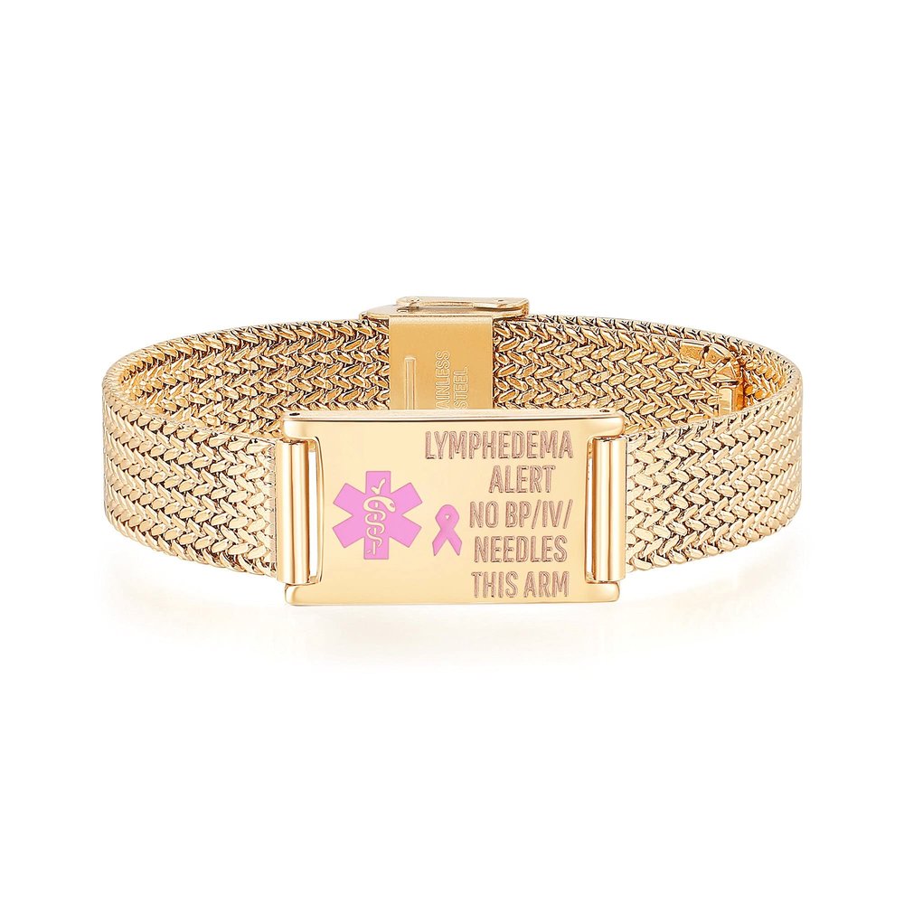 mnmoom Medical Alert Bracelets for Women Adjustable Stainless Steel Mesh lymphedema alert Bracelets with engraved NO BP/IV/NEEDLES THIS ARM-gold
