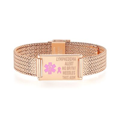 mnmoom Medical Alert Bracelets for Women Adjustable Stainless Steel Mesh lymphedema alert Bracelets with engraved NO BP/IV/NEEDLES THIS ARM-rose gold