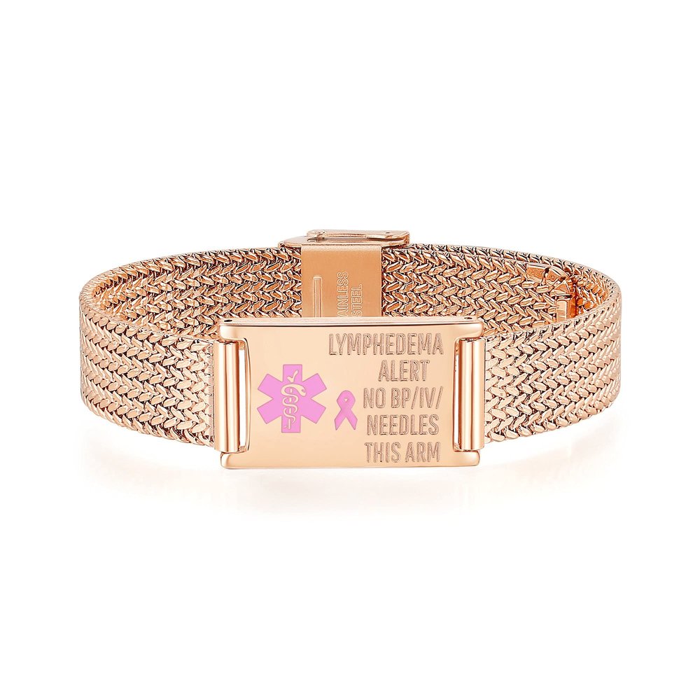 mnmoom Medical Alert Bracelets for Women Adjustable Stainless Steel Mesh lymphedema alert Bracelets with engraved NO BP/IV/NEEDLES THIS ARM-rose gold