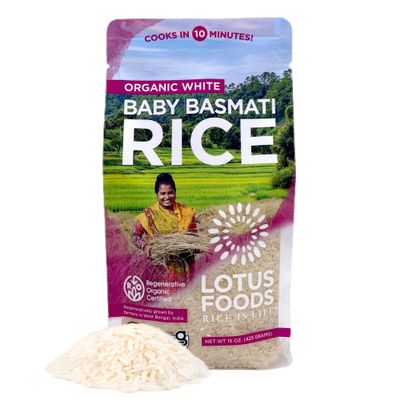 Lotus Foods Organic Baby Basmati Rice - Gluten Free Heirloom White Rice in Bag, Quick 10 min Cook, GF, USDA Organic - 15 Oz Bag