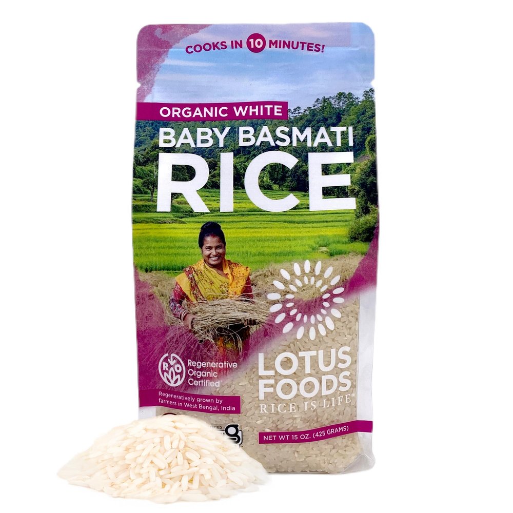 Lotus Foods Organic Baby Basmati Rice - Gluten Free Heirloom White Rice in Bag, Quick 10 min Cook, GF, USDA Organic - 15 Oz Bag