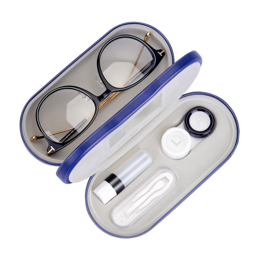 Muf 2 in 1 Contact Lens Case and Glasses Case, Double Sided Design with Mirror, Portable Travel Kit with Tweezer, Remover and Solution Bottle, Blue