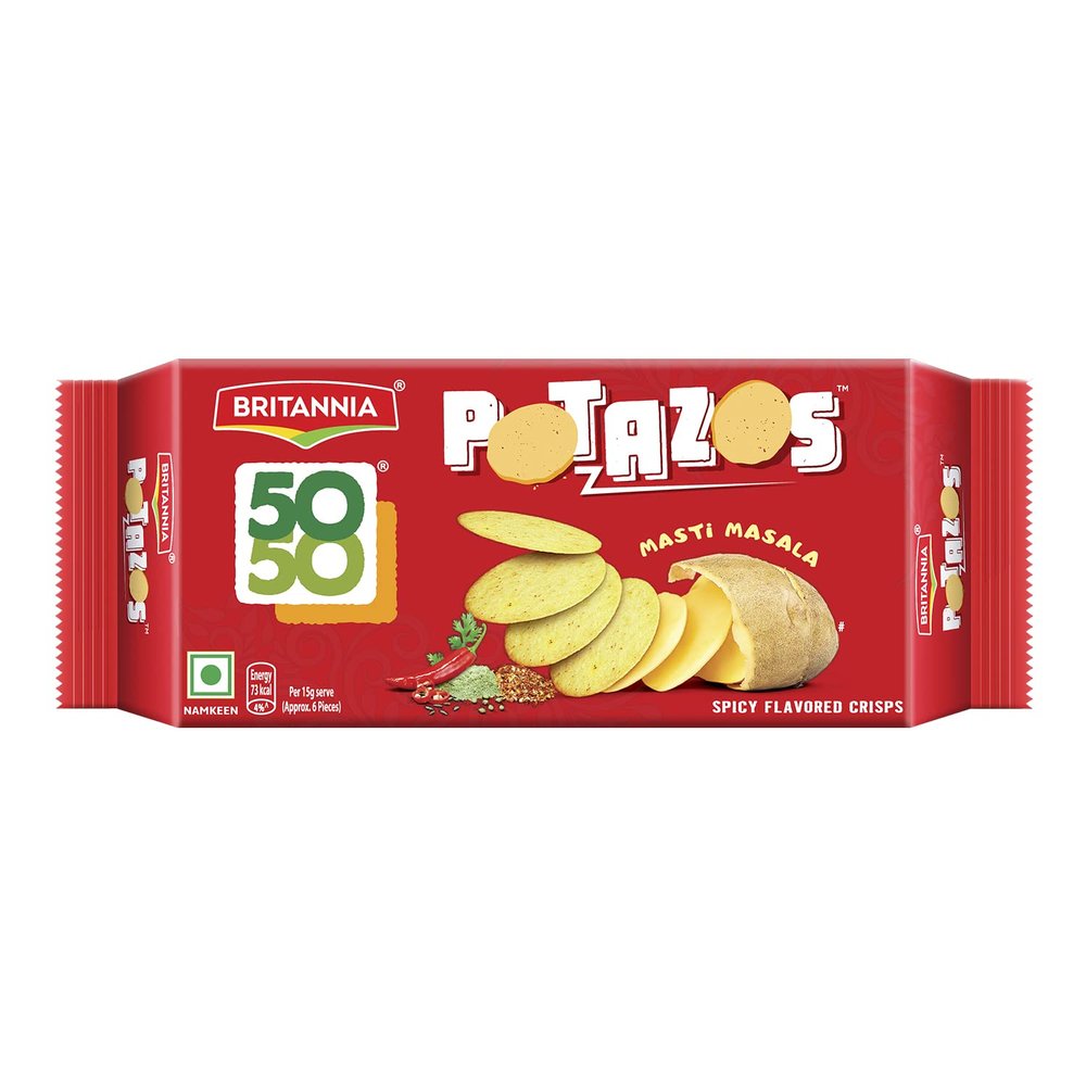 Britannia 50 50 Potazos Masti Masala Spicy Flavored Crisps 3.52oz (100g) - Delicious, Light & Crispy Grocery Cookies (Pack of 4)