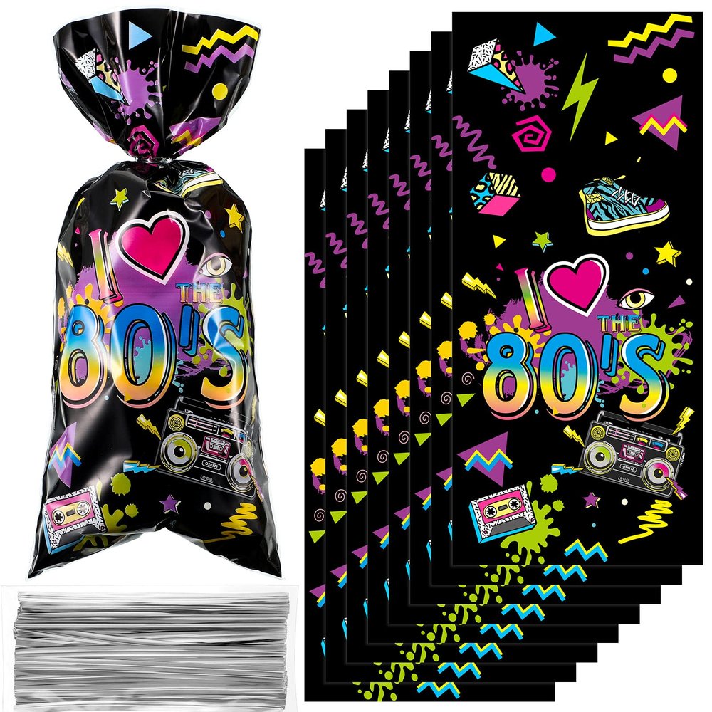 100 Pieces 1980s Party Treat Bags 80s Candy favors Neon Retro 1980s Birthday Cellophane Plastic Goodie Bags with 100 Silver Ties Back to The I Love Retro Themed Decorations for 80s Theme Party