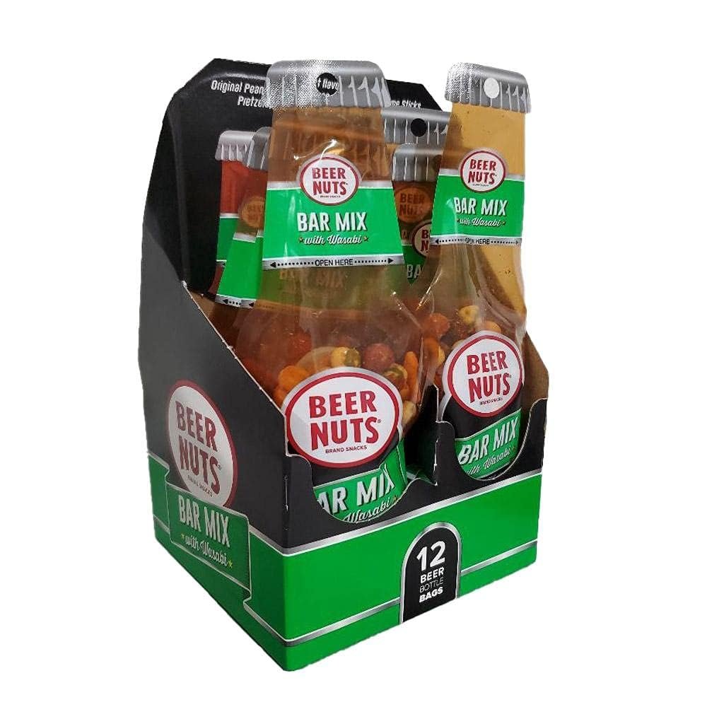 BEER NUTS Bar Mix w/Wasabi - Pretzels, Cheese Stix, Sesame Stix, Insane Grain & Wasabi Peas - Beer Bottle Bags 12 Pack Box - 1.25oz Individual Bags