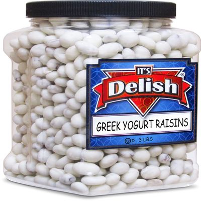 Greek Yogurt Covered Raisins by It's Delish, 3 Lbs Jumbo Container Scrumptious & Nutritious Yogurt Coated Dried Raisins Sweet Snacking and Bulk Party Treats USA Made, Kosher OU Dairy
