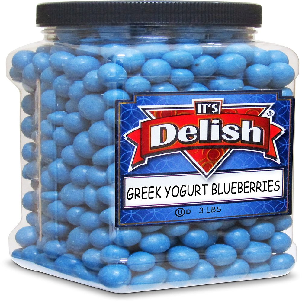 Greek Yogurt Covered Blueberries by It's Delish, 3 Lbs Jumbo Container Scrumptious & Nutritious Yogurt Coated Dried Blueberries Sweet Snacking and Bulk Party Treats USA Made, Kosher OU Dairy