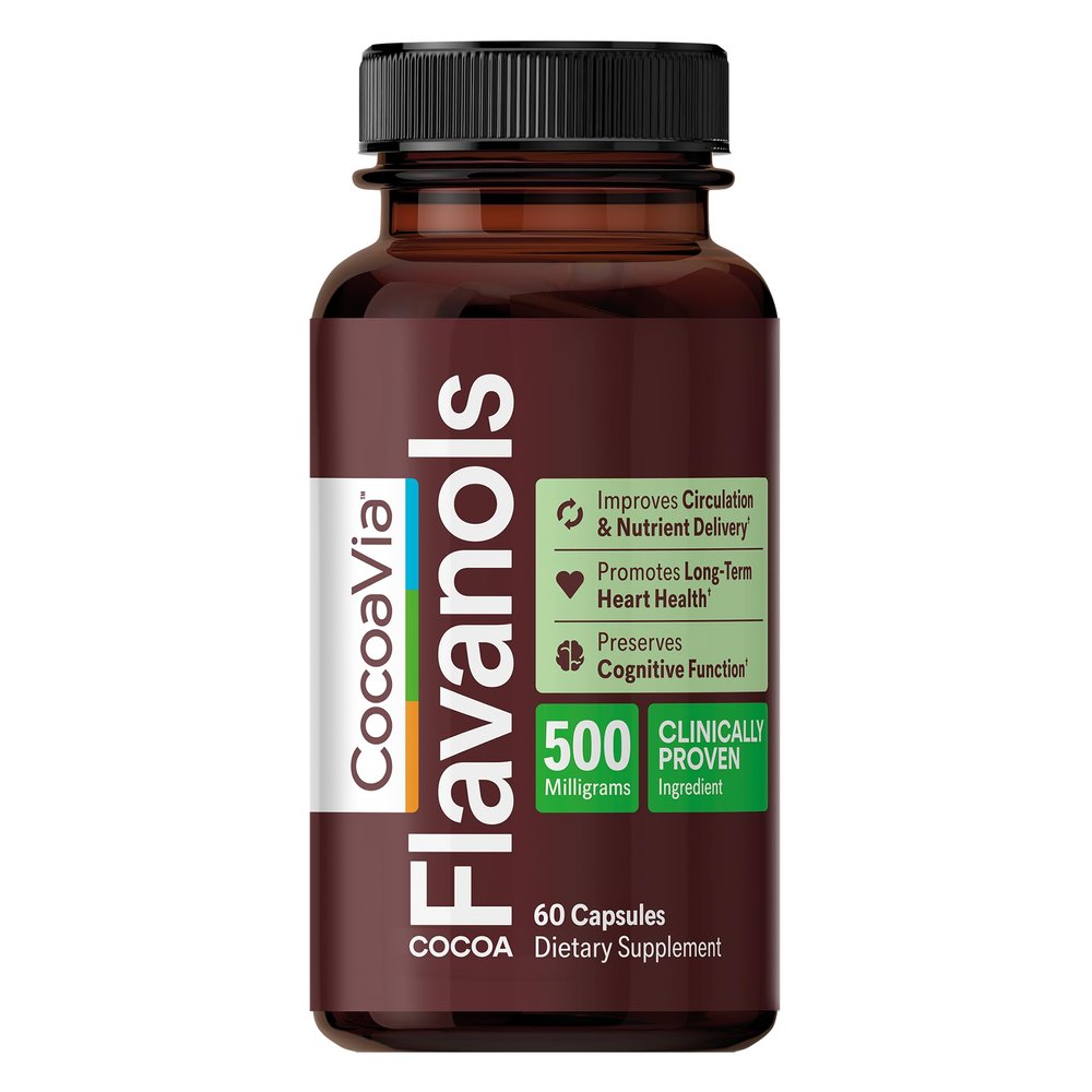 CocoaVia Cocoa Flavanols 500mg  Heart & Brain Support Supplement, High Flavanol Cocoa, Blood Circulation & Memory Booster, Nitric Oxide, Energy & Oxygen Boost, Vegan, Gluten-Free, 60 Capsules