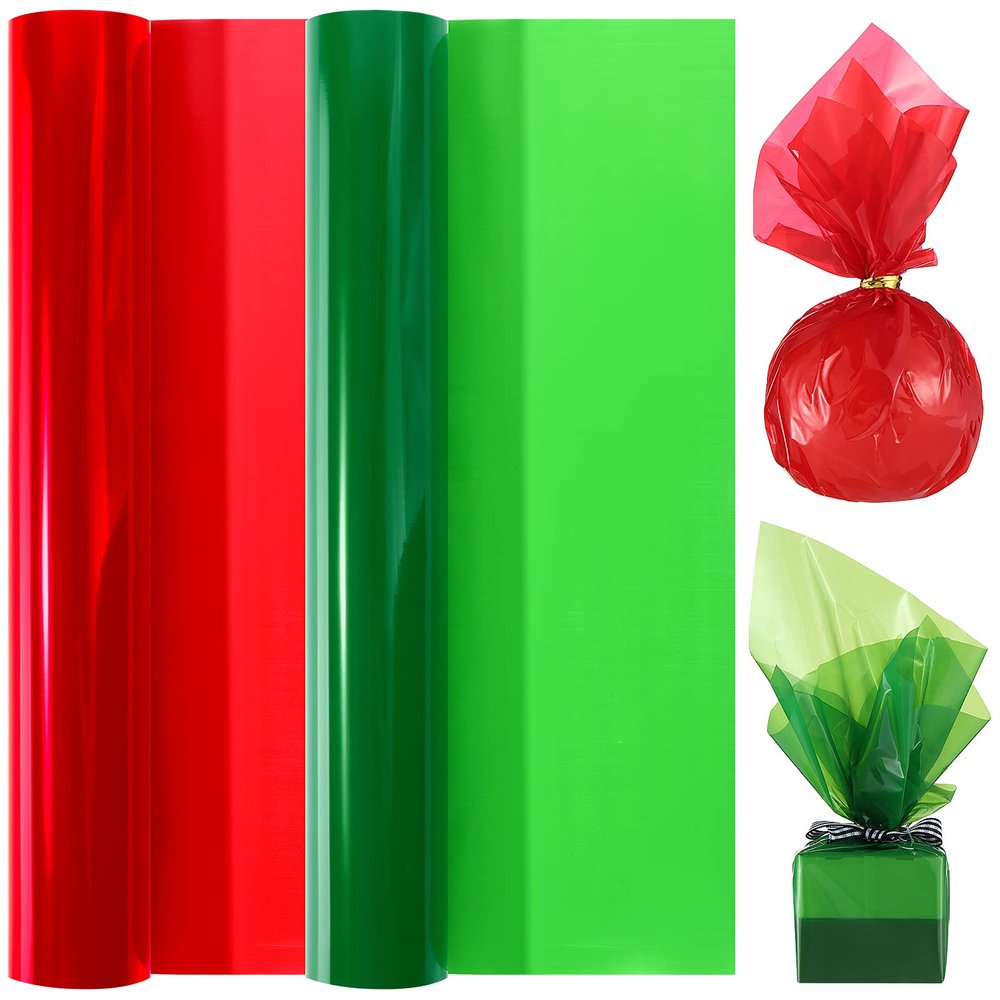 2 Rolls Christmas Cellophane Wrap Roll Green Red Cellophane Wrap 12 in x 49.25 ft Colored Cellophane Wrapping Paper Plastic Wrap for Gift Basket Treats Wrapping Holiday Decoration
