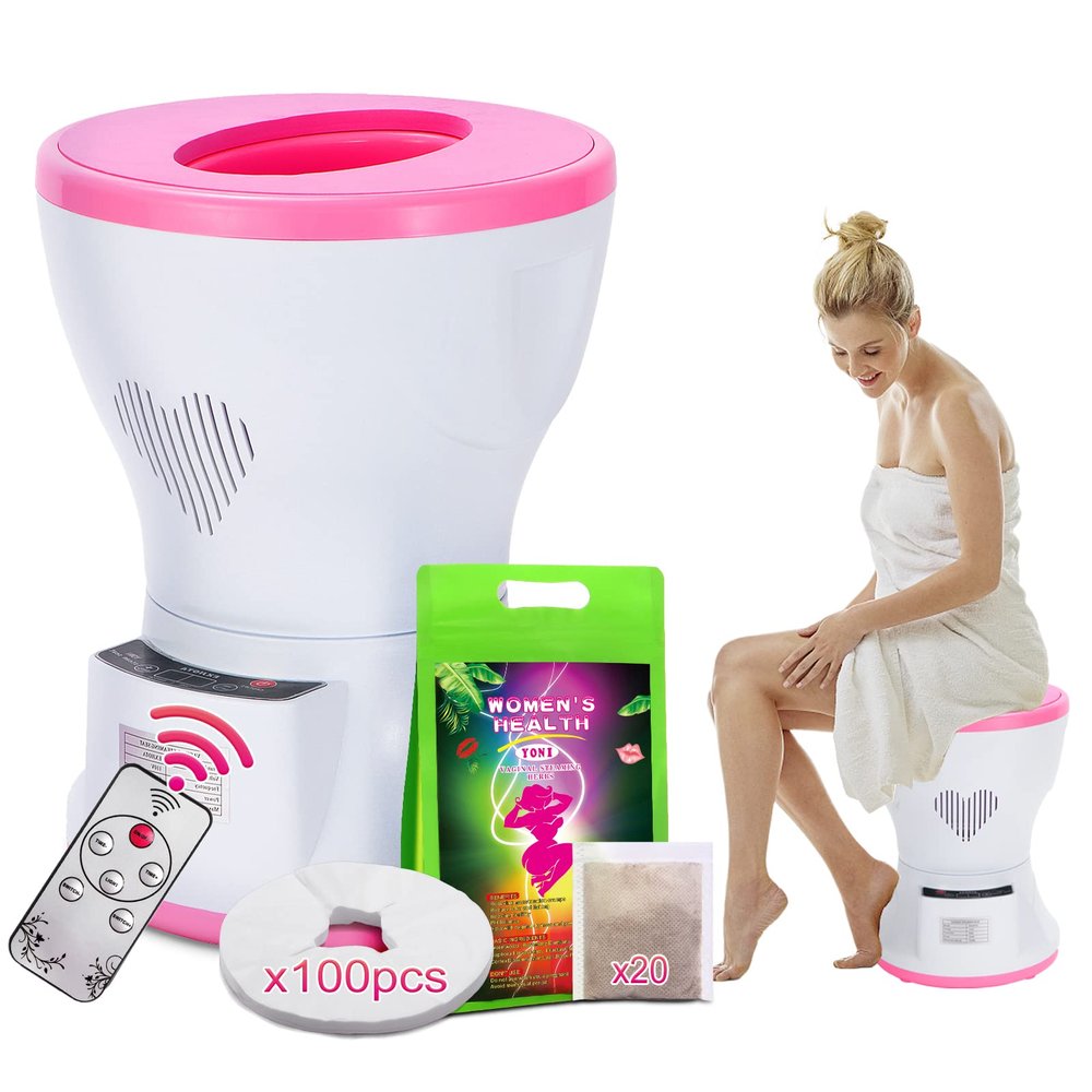 EXJIOTA Yoni Steam Kit, Steaming Seat Yoni Steam Pot with Remote Control and Steaming Herbs(20 Bags),100 PCS Disposable Seat Covers, Update Electric V Steam at Home Kit for Women Health