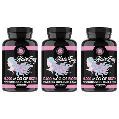Angry Supplements Hair Envy 10,000 mcg Biotin + Keratin, Grow + Hydrate Hair, Strengthen Thicken Nails, Clear & Nourish Skin  Help Damaged Thinning Hair, (3-Bottles)