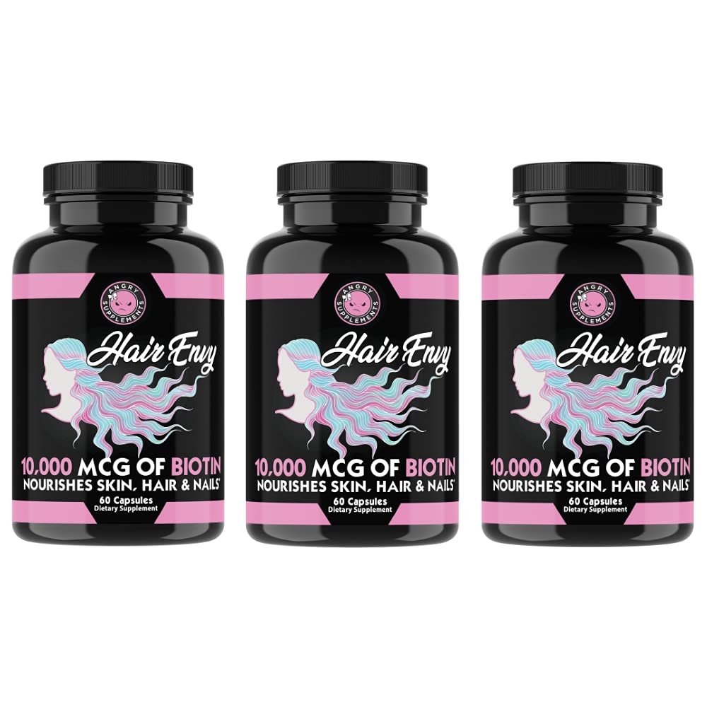 Angry Supplements Hair Envy 10,000 mcg Biotin + Keratin, Grow + Hydrate Hair, Strengthen Thicken Nails, Clear & Nourish Skin  Help Damaged Thinning Hair, (3-Bottles)