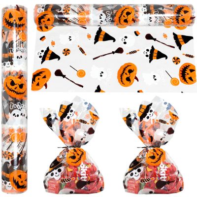 AnapoliZ Halloween Cellophane Wrap Roll | 100 Ft Long X 16 in. Wide | 2.3 Mil Thick, Crystal Clear with Halloween Designs| Gifts, Baskets, Treats Cello Wrapping Paper | Pumpkin, Witches Cello Roll