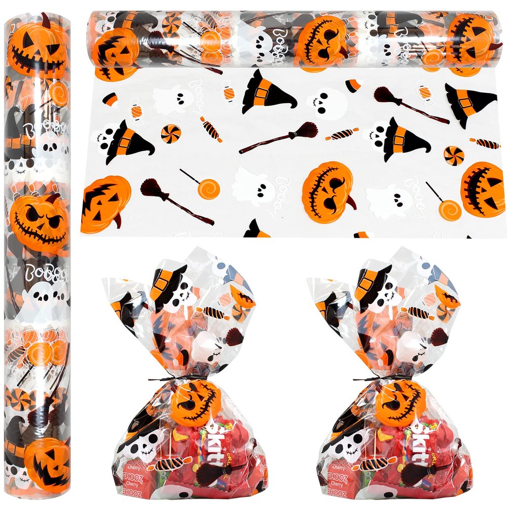AnapoliZ Halloween Cellophane Wrap Roll | 100 Ft Long X 16 in. Wide | 2.3 Mil Thick, Crystal Clear with Halloween Designs| Gifts, Baskets, Treats Cello Wrapping Paper | Pumpkin, Witches Cello Roll