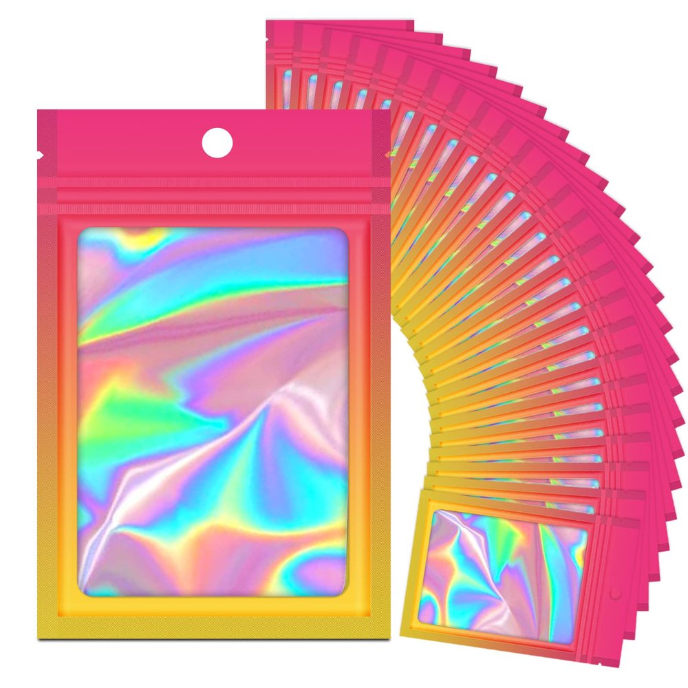 100 Holographic Gradient Mylar Bags with Clear Window, Resealable Zip Pouch, Packaging Party Sample Bags (Hot Pink&Orange, 3.5x4.7 Inch)